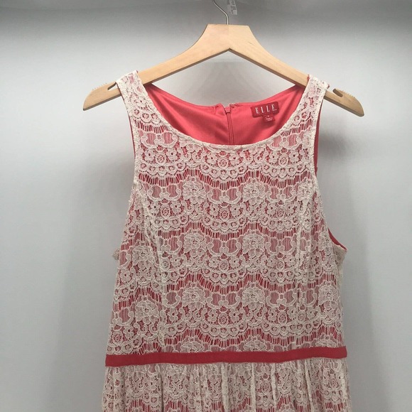 Elle Dress Womens 8 Coral Ivory Lace Overlay Fit & Flare Sleeveless Lined Ribbon - Picture 3 of 7